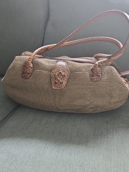 Handbags - ERIC JAVITS Woven RAFFIA  Straw Shoulder Bag with Brown CTOCODILE Leather Trim